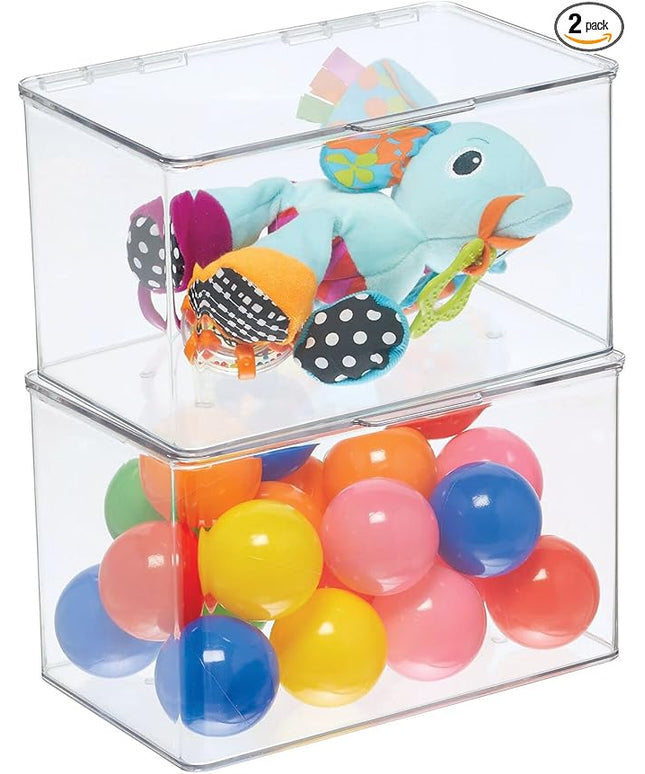 mDesign Set of 2 Storage Boxes with Lids – Stackable Plastic Storage Boxes for Nursery – Practical Plastic Toy Box Set – Clear