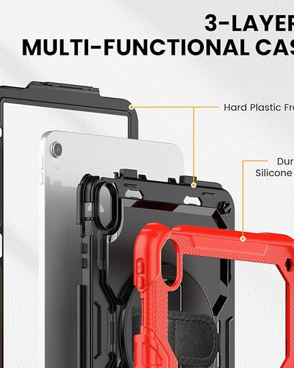 timecity for iPad (A16) 11th/ 10th Generation Case 11''/ 10.9 Inch (2025/2022) - Heavy Duty Protective Cover with Screen Protector, Stand, Shoulder Strap & Pencil Holder | Kids-Friendly - Red
