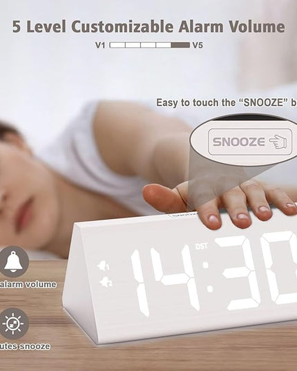 fomobest Wooden Digital Alarm Clock with Dual USB Charging Ports, DST, Dimmable, Snooze, Modern Large Time Display LED Clock for Kids Bedrooms, Living Room, Desk, Table, Bedside, Nightstand (White)