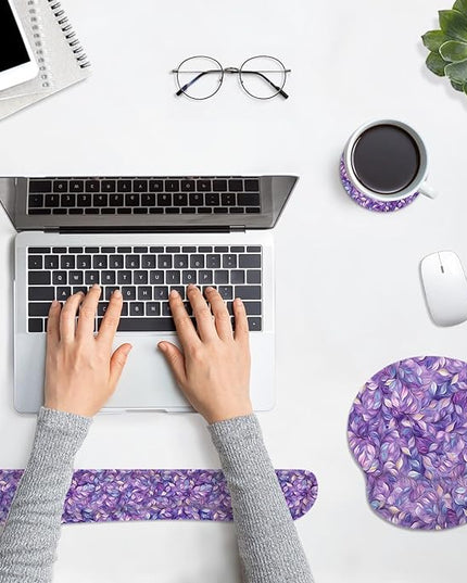 Britimes Purple Leaves Oil Painting Ergonomic Mouse Pad Set with Wrist Rest Non-Slip Rubber Base Wrist Cushion Support and Coasters Mousepad with Wrist Support for Computer Keyboard and Desk