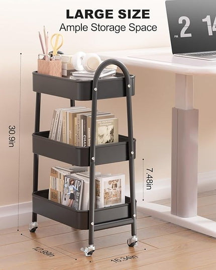 EAGMAK 3 Tier Rolling Cart, Large Metal Storage Cart with Handle and Lockable Wheels, Big Multifunctional Storage Organizer Trolley with Mesh Baskets for Kitchen, Living Room, Office, Garage (Black)