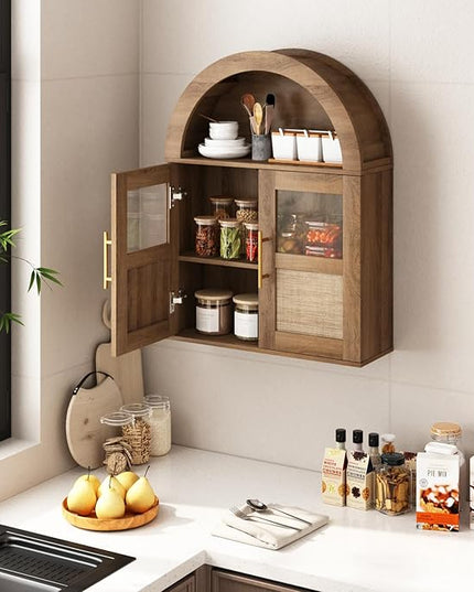 RUSTOWN Arched Bathroom Wall Cabinet, Rattan Medicine Cabinet with 2 Glass Doors, Farmhouse Over The Toilet Storage Cabinets with Adjustable Shelves, 3-Tier Wall Mounted Cabinets