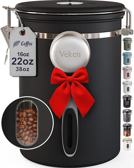 Veken Coffee Canister with Window,Airtight Stainless Steel Pantry Container,Home Kitchen Food Storage Organizers for Ground,Beans,Espresso,Rice,Tea,Sugar,Cereal, Flour,Bar Accessories,Gifts,22OZ,Black
