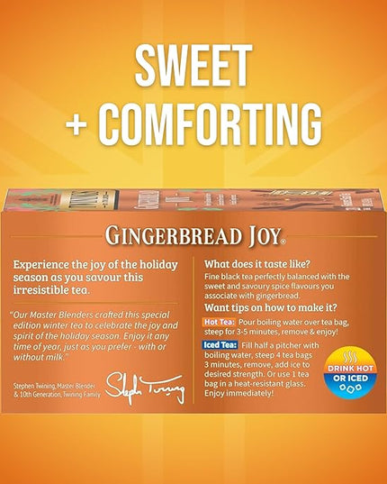 Twinings Gingerbread Joy Black Tea Individually Wrapped Bags, 20 Count (Pack of 1), Ginger & Cinnamon, Caffeinated, Enjoy Hot or Iced, 20 Teabags