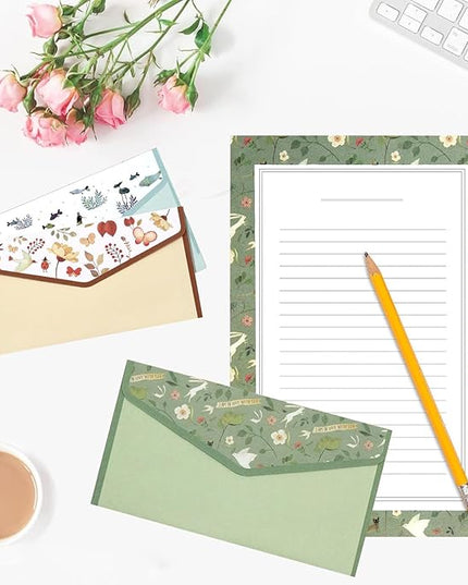 64 Pcs Stationery Paper Envelopes Set Includes 42 Lined Writing Paper & 21 Envelopes with 48 Colorful Round Dot Stickers, Cute Vintage Floral Letter Writing and Stationery Paper Envelopes(7Style)