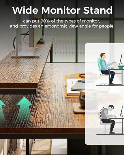 AODK Computer Desk with Drawers and Keyboard Tray, 63" Office Desk with Power Outlet, Reversible Study Work Desk with Printer Shelf and PC Stand for Home Office, Vintage