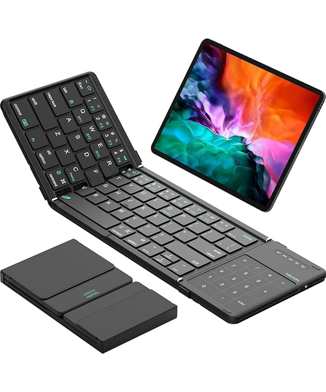 Nillkin Foldable Bluetooth Keyboard with Touchpad & Number Pad, Portable Bluetooth Keyboard with Full Size Keys, Pocket-Sized Wireless Travel Keyboards for iPad, Smartphone, Tablet and Laptop Black