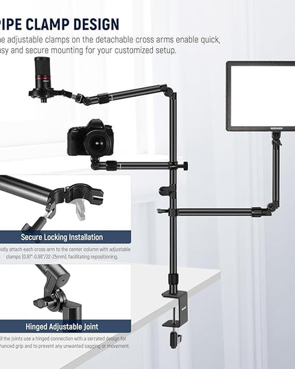 NEEWER Overhead Camera Desk Mount Rig Stand with 2 Boom Arms for Photography Devices: Video Light Ring Light Phone Mount Webcam Mic Compact DSLR for Home Office Studio Live Streaming Broadcast, ST008