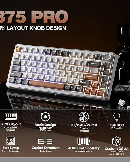 YUNZII B75 PRO Wireless Mechanical Keyboard,75% Layout with Knob,Hot Swap Gasket Custom Structure,Creamy Pre-lubed Switches,RGB Backlit,Bluetooth/Type-C/2.4G for Win/Mac(Cocoa Cream V2 Switch,Grey)