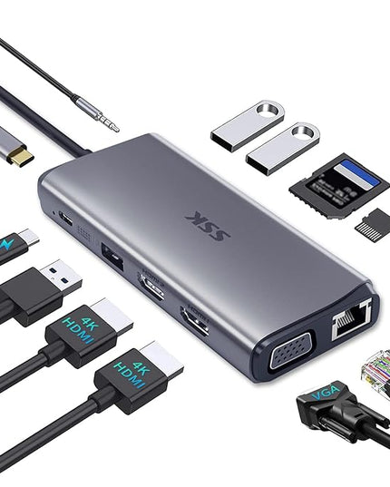 SSK Laptop USB C Docking Station Dual Monitor,HDMI 4K/60Hz Multiport Adapter 11 in 1 USB C Hub, Thunderbolt Dock Triple Display with 2 HDMI+VGA,RJ45 Ethernet,100W PD,3 USB for MacBook