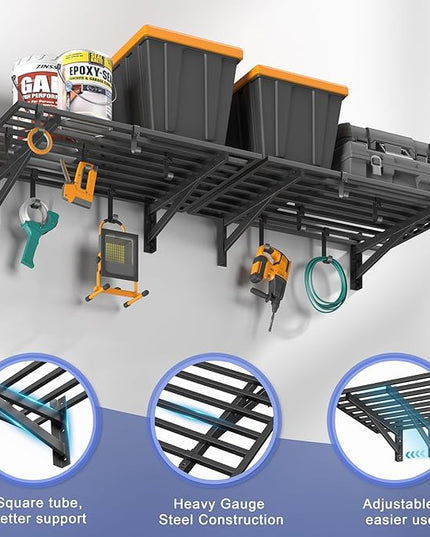 4-Pack 2x3ft Garage Shelving Wall Mounted, 2' x 3' Heavy Duty Garage Storage Shelves with Hooks, 800LB Capacity