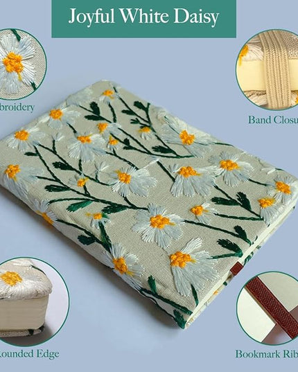 Daisy Gifts, Embroidered Journal, Floral Notebook, A5, 8"x6", Lined, Wide Ruled Paper, Hardcover, Lay Flat, Pretty Journal for Women, Personal Journal, White Daisy Flowers, with Elastic Band