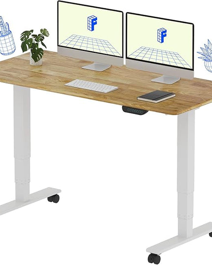 FLEXISPOT E6 MAX Solid Wood Dual Motor 55x24 Inch 3-Stage Heavy Duty Standing Desk, 330lbs Weight Capacity, Height Adjustable Desk w/Cable Management & Wheels(Butcher Block Rubberwood + White Frame)