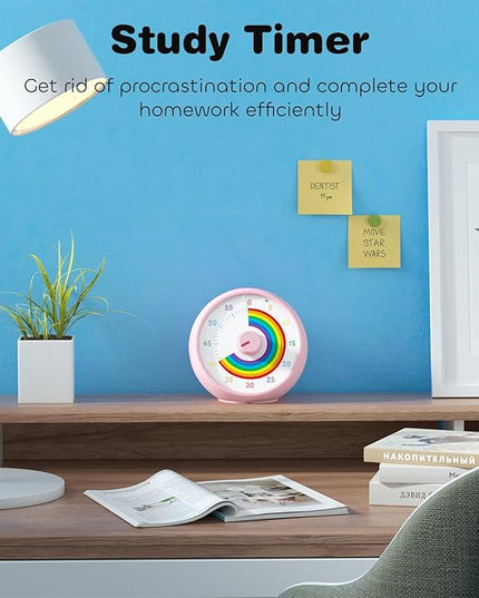Visual Timer for Kids, 60-Minute Countdown Timer for Classroom Office Kitchen, Desk Timer Kids Time Management Tools with Silent Operation, Pomodoro Time Rainbow Pattern (Pink)