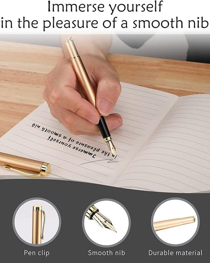 Tiankool Luxury Fountain Pen,Fine Nib, Exquisite Pen Gift Set for Men&Women-Includes 10 Ink Cartridges&Ink Converter- Nice Pens - Gold