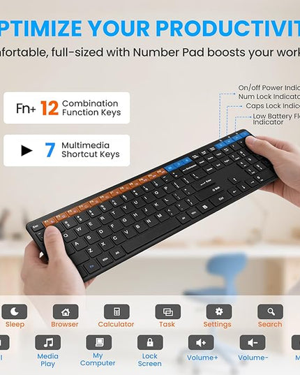 Wireless Keyboard-2.4G USB Ultra Slim Quiet Full Size Matte PC Computer Keyboard,19 Multimedia Keys,Number Pad,Plug&Play,Lag-Free Ergo,Long Battery life for Desktop,Laptop,Smart TV,MAC,Windows,QWERTY