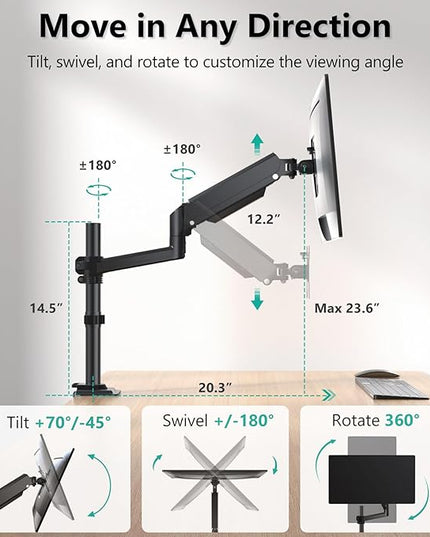 WALI Single Monitor Arm 13-32 Inch, Single Monitor Mount, Vesa Desk Mount up to 19.8lbs Gas Spring Arm with Clamp, VESA 75x75mm or 100x100mm Compatibility(GSDM001), Black