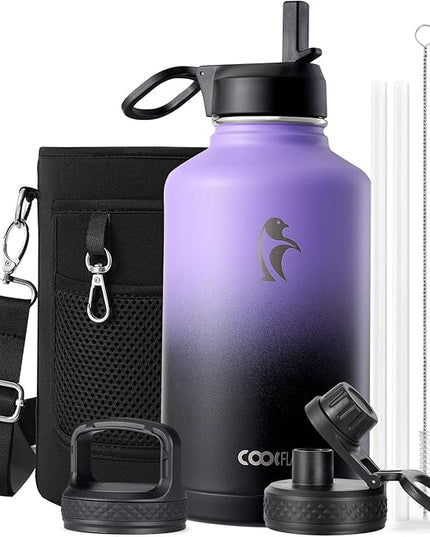 Coolflask Half Gallon Water Bottle Insulated with Straw & 3 Lids, 64 oz Water Jug Large Metal Stainless Steel Wide Mouth for Sports, Gym or Office, Non-BPA Keep Cold 48H Hot 24H, Purple Black