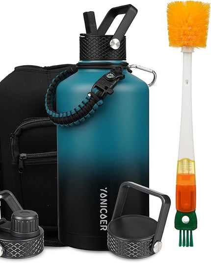 Insulated Water Bottle 87oz,Triple Wall Vacuum Stainless Steel(Dishwasher Safe),Leak Proof & Non-BPA,Flask Jug with Paracord Handle & Straw Spout Lids Sports Gradient indigo blue/black