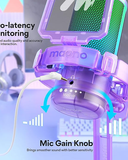 MAONO Gaming Microphone with Noise Cancellation, PC USB Condenser Mic for Computer, Mac, Laptop, PS5, Streaming, Podcast, Twitch, YouTube, Discord, GamerWave DGM20 Purple