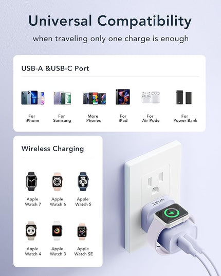 VRURC Charger for iPhone & Apple Watch, 20W USB C Fast Charging Block, 3-in-1 Compact Travel Adapter with 2 Port for iPhone 17/16/15/14/13, Wireless Magnetic for iWatch SE/11/10/9/8/7/6/5/4-Purple