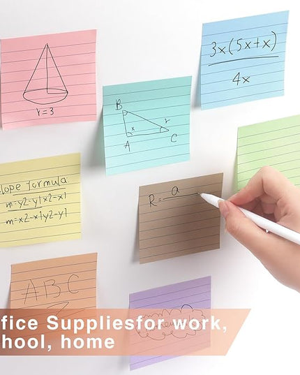 Lined Sticky Notes 3x3 Inch, 8 Pack, Light Colors, Premium Self-Adhesive Notepads, 640 Sheets, for Office, School & Home Use, Easy to Use, Reusable & Removable