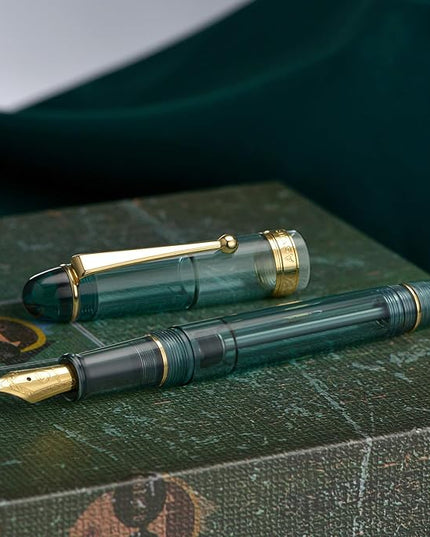Asvine V126 Vacuum Filling Fountain Pen Transparent Teal Acrylic, Medium Nib Large-Capacity with Gift Case