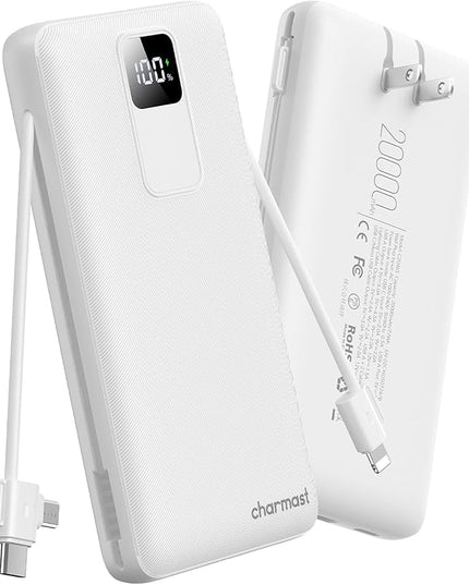 charmast 20000mAh Portable Charger with Built-in Cables & Wall Plug, 20W USB C Power Bank, Fast Charging Battery Pack Travel Essentials Compatible with iPhone 16/15/14 Series, Samsung, Google, iPad