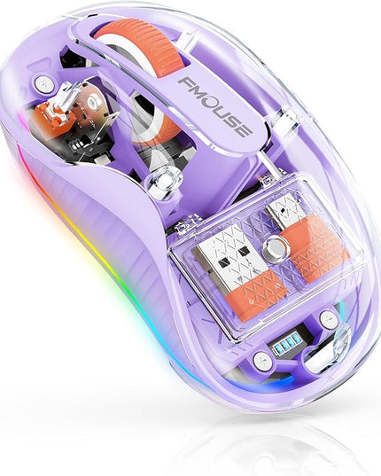 Stunning Transparent Wireless Mouse, Dual Bluetooth & 2.4GHz for Multi Device, USB-C Receiver Ideal for MacBook/Laptops, Rechargeable, Cool LED, Silent, for Girls & Small Hands - Purple