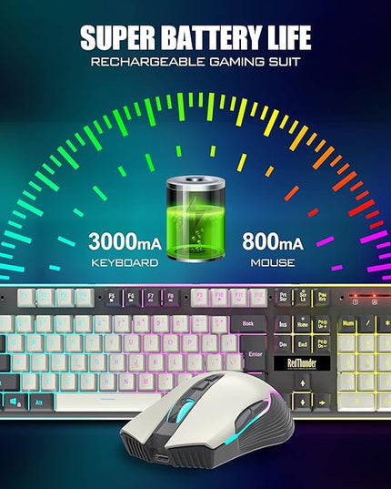 RedThunder K10 Wireless Gaming Keyboard and Mouse Combo, LED Backlit Rechargeable 3800mAh Battery, Mechanical Feel Anti-ghosting Keyboard + 7D 3200DPI Mice for PC Gamer (White-Gray)