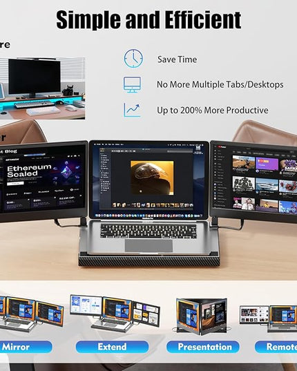 KEFEYA 14'' Triple Laptop Monitor Extender with Metal Base, 360° Rotation 1080P Portable Laptop Screen Extender for 12-17.3'' Laptops-Compatibility for Windows, Surface, MacBook, Switch, Plug & Play