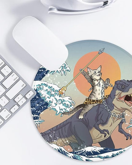 Cat and Dinosaur Round Mouse Pad,Funny Small Mouse Pad with Non-Slip Rubber Base,Mouse Mat,Home Office Decor Desk Accessories,8.7inch Round Mouse Pad