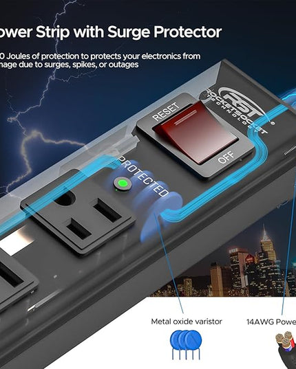 CRST 6 Outlet Heavy Duty Power Strip with Switch, 15A/1875W Metal Mountable Power Strip Surge Protector 2100Joules, 10 FT Wide Spaced Power Bar