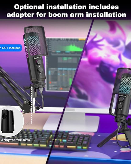 ZealSound Podcast Microphone for PC/Mac/iPhone/Phone – 96kHz/24bit USB Condenser Mic with Noise Reduction, Tap-to-Mute, Gain Control, Zero-Latency Monitor, RGB Light for Streaming, Gaming, Recording