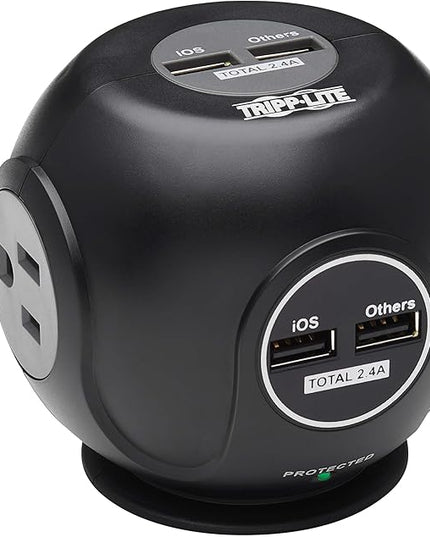 Tripp Lite Surge Protector 3-Outlet Spherical Surge Protector, 4 USB Ports (4.8A Shared) - 6-ft. (1.83 m) Cord, 5-15P Plug, 540 Joules, Black (TLP36USB)
