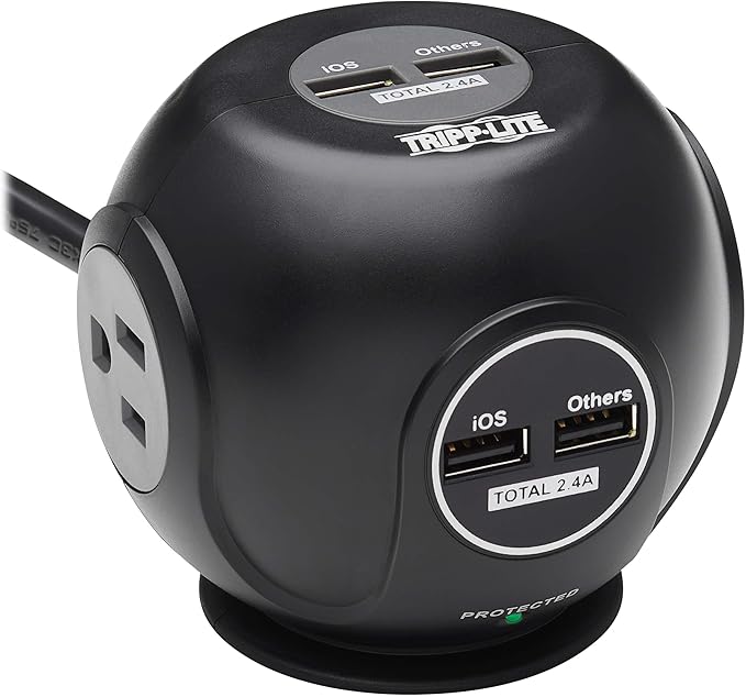 Tripp Lite Surge Protector 3-Outlet Spherical Surge Protector, 4 USB Ports (4.8A Shared) - 6-ft. (1.83 m) Cord, 5-15P Plug, 540 Joules, Black (TLP36USB)