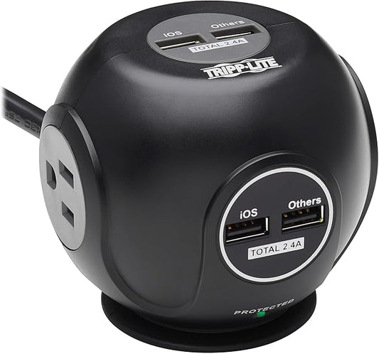 Tripp Lite Surge Protector 3-Outlet Spherical Surge Protector, 4 USB Ports (4.8A Shared) - 6-ft. (1.83 m) Cord, 5-15P Plug, 540 Joules, Black (TLP36USB)
