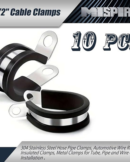 MISPIRE 10 PCS 1-1/2 inch Black R-type Cable Clamps, Stainless Steel Hose Pipe Clamps, Automotive Wire Rubber Insulated Clamps