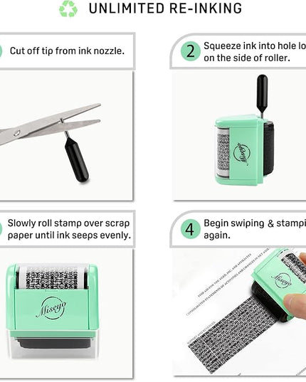 Miseyo Wide Identity Theft Protection Roller Stamp Set - Mint Green (3 Refill Ink Included)
