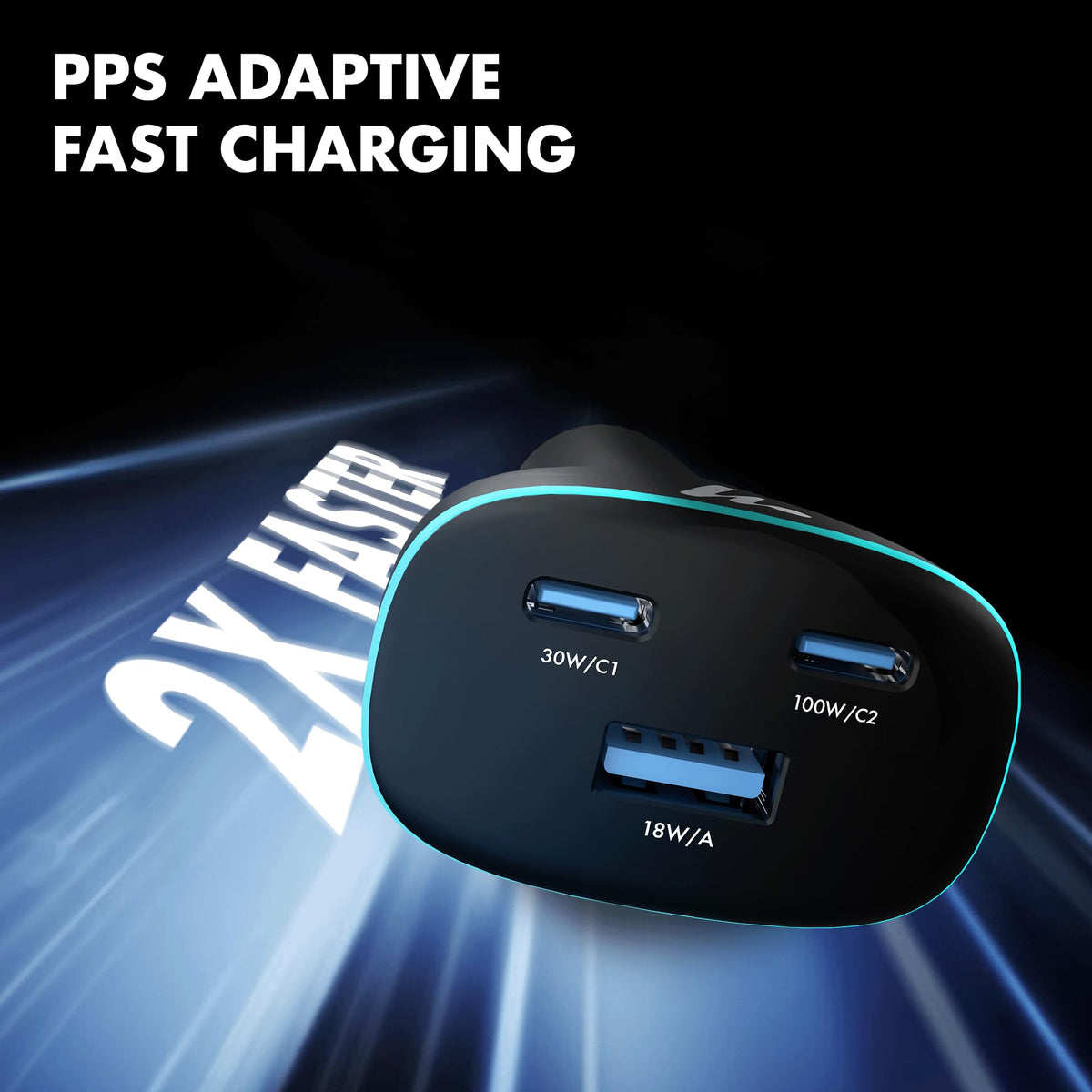 PD 130W Superfast Charging 2.0 Wozoyo Car Charger, with 2XType C & USB-A, PPS & QC 3.0, Triple Port (100W + 30W + 18W), 12V–24V Compatible, Multi-Layer Protection, 2-Years Manufacturer Warranty