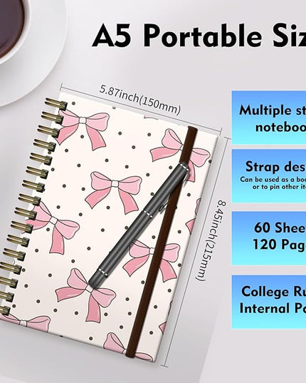 Cute Spiral Journal Notebook,A5 Hardcover Lined Journals for Women Girl 6 x 8.3 in,120 Pages Thick Paper,Cute College Ruled Writing Notebook for Gifts Office Work School (Cute pink bows)