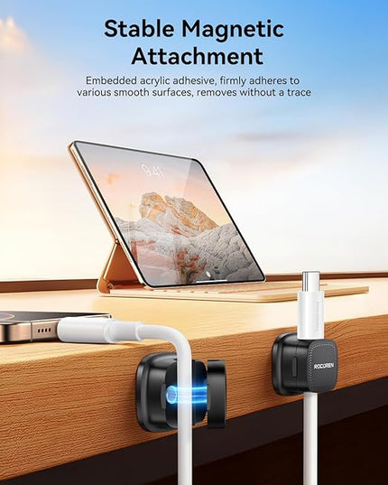 12 Pack Cable Management Cord Organizer,Magnetic Cable Clips-1s Lock,Rocoren Desk Adhesive Cord Cable Clip Wire Holder Keeper for Phone Charger Wire,Nightstand,Car,Office,Desktop Accessory,Black