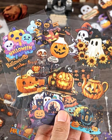 Dwpetzo Transparent Halloween Scrapbook Stickers Book, 20 Sheets Diecut PET Stickers for Journaling, Purple Vintage Spooky Theme for Scrapbooking, Junk Journal Supplies, Planner, Bujo, Crafts Arts