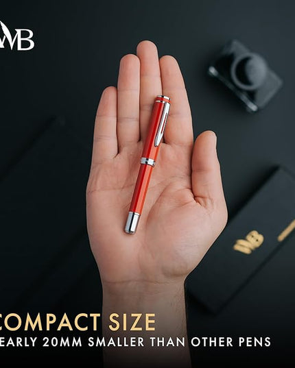 Wordsworth and Black Fountain Pen Mini EDC: Luxury Red Heavy Pocket Pen, Chrome Finish, Medium Nib, 6 Ink Cartridges, Ink Converter, Travel Refillable Writing Pen Gift Set, Men & Women