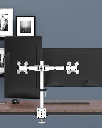 WALI Dual LCD Monitor Fully Adjustable Desk Mount Stand Fits 2 Screens up to 27 inch, 22 lbs. Weight Capacity per Arm (M002-W), White