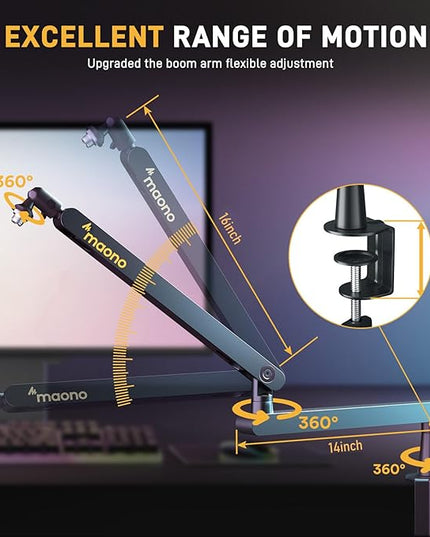 MAONO Microphone Boom Arm, Low Profile Mic Arm with Cable Management Channels, Desk Mount Clamp, Fully Adjustable, Heavy Duty Mic Stand for Podcast Studio Streaming (BA92 Black)