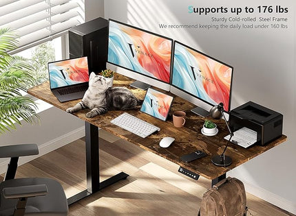 63 x 28 inch Electric Standing Desk Adjustable Height with 4 Wheels, 4 Memory Height Settings, 2 Headphone Hook, for Home Office, Splice Board Brown