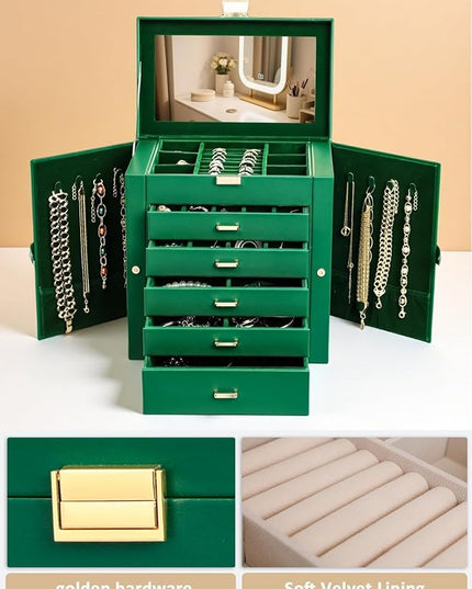 BOOVO Jewelry Box For women, 6 Layer Large Jewelry Organizer With Mirror, Multi-Function Storage Box With Lock, Necklace Holder With 5 Drawers, For Earrings Necklace Bracelet (Green and Gold)