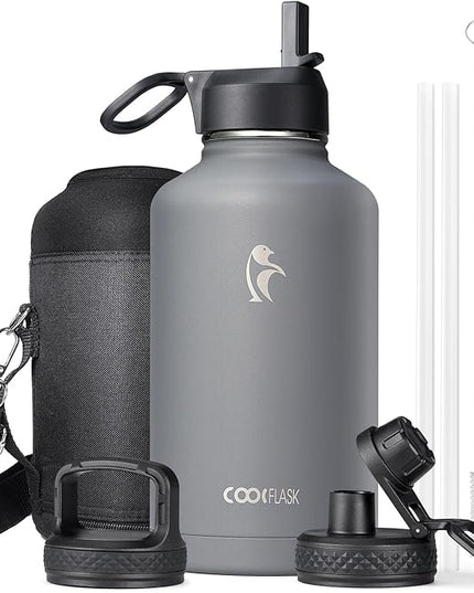 64 oz Insulated Water Bottle with Straw & 3 Lids, Coolflask Half Gallon Water Jug Large Metal Stainless Steel Wide Mouth for Sports, Gym or Office, Non-BPA Keep Cold 48H Hot 24H, Knight Grey