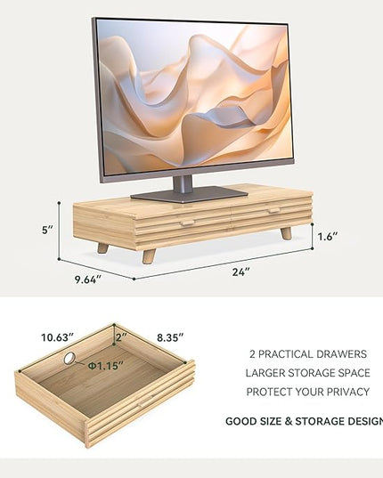 Bamboo Monitor Stand with Drawer - Desk Organizer with Cable Management & Storage, Ergonomic Laptop Riser for Home Office (220lbs Capacity, 24 inch ,Natural)